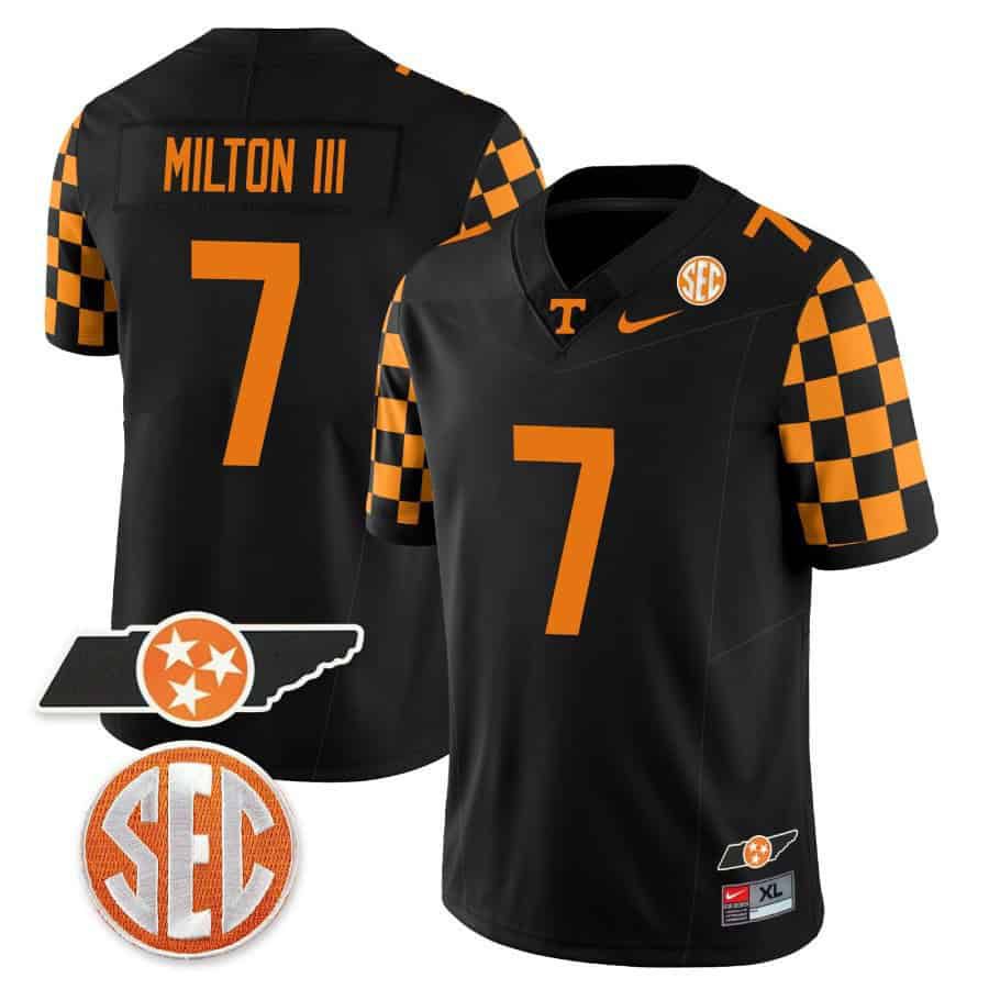 Men Tennessee Volunteers 7 Milton ii Black 2024 Nike Checkerboard & Alternate NCAA Jersey style 1